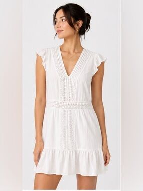 Japna White V‑Neck Lace Trim Mini Dress